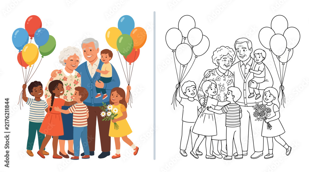 Fototapeta premium Happy Family, Grandparents Hugging Grandchildren with Balloons