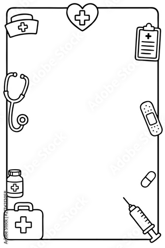 Medical frame border design featuring hand drawn healthcare icons for clinic posters and hospital documents in black and white style