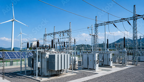 A modern electrical substation with large power transformers and transmission equipment beside wind turbines and solar panels.