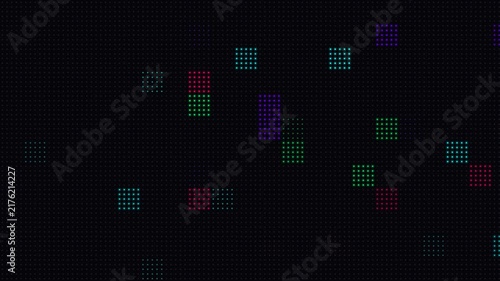LED wall pixel clusters flickering with RGB colors on a digital screen for technology background