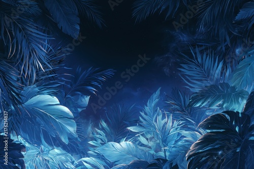 Cosmic space backdrop with blue foliage collage for modern botanical art and decor