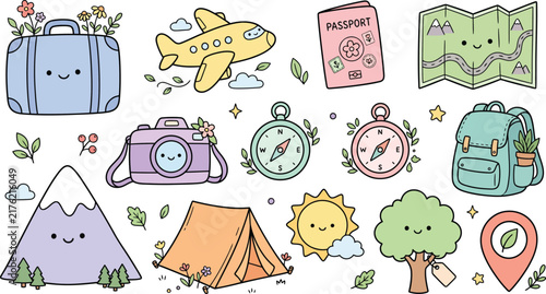 Kawaii travel and nature doodle icons set for adventure and vacation design projects.