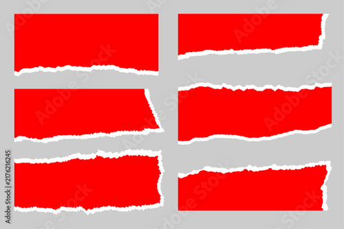 Red torn paper banners set of 6 with ripped edges and white border, blank note strips for sales promotion, discount flyer, poster design