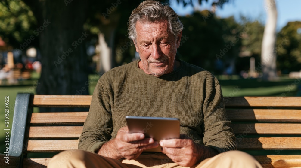 Fototapeta premium Old Man Reading on Park Bench