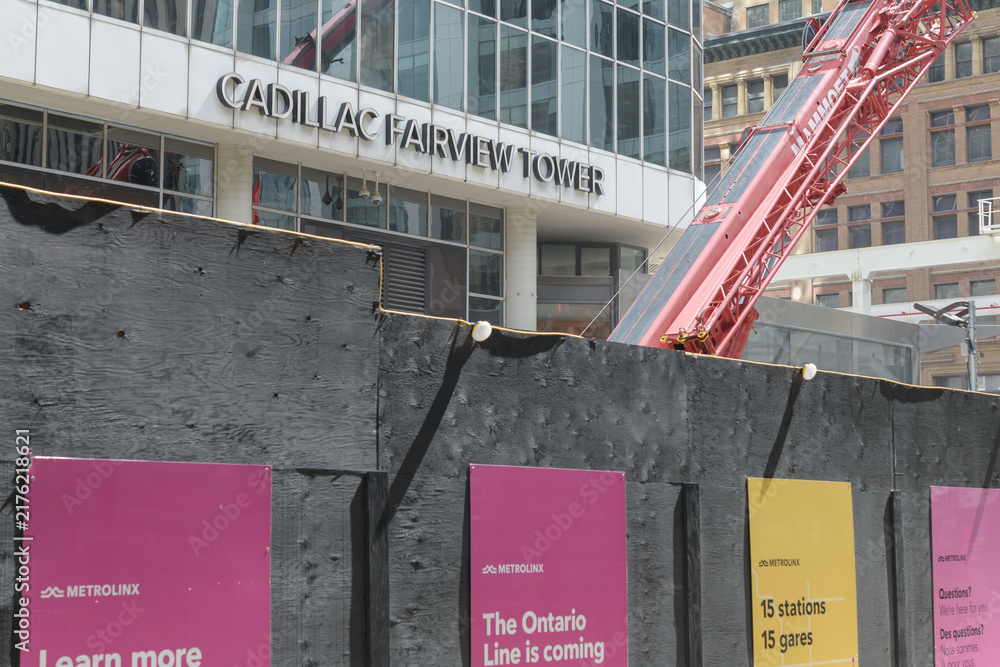 Obraz premium construction signs near the future Ontario Line subway station, Queen, near James St and Queen St W, Toronto (Cadillac Fairview Tower sign)