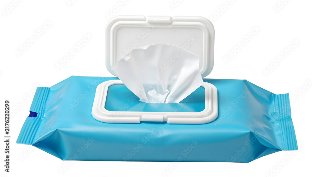 Obraz premium Wet Wipe Package: A bright blue package of wet wipes, partially opened, revealing the clean white wipes within. Ready for convenient use.