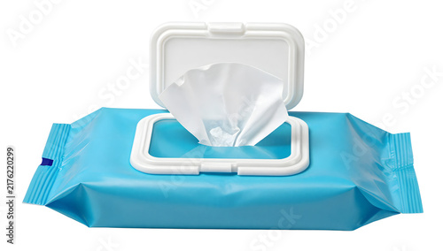 Wet Wipe Package: A bright blue package of wet wipes, partially opened, revealing the clean white wipes within. Ready for convenient use.