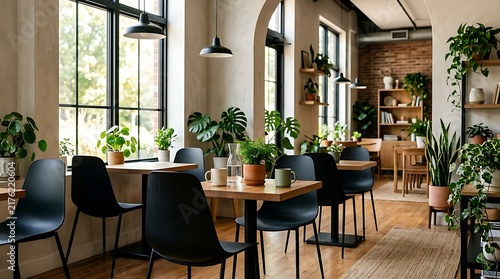 Cozy cafe interior with plants and natural light