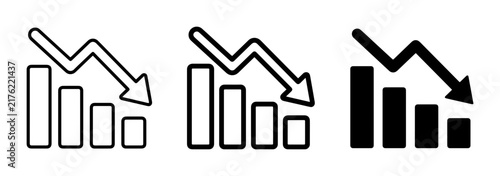 Down Trend Icons, Falling Bar Chart Graphics, Business Decline Vector Set