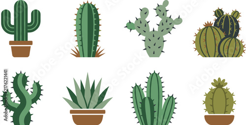 Bild auf Leinwand Various desert plants and prickly cactus pots vector icon set.