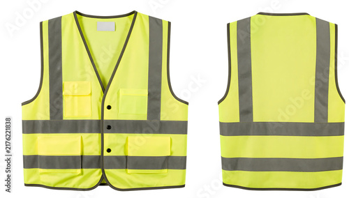 High Visibility Safety Vest: A bright yellow safety vest with reflective strips, shown from the front and back, designed for enhanced visibility and protection in various work environments.