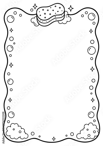Cleaning sponge border frame with soap bubbles and foam elements for creative page decoration in a simple hand-drawn style
