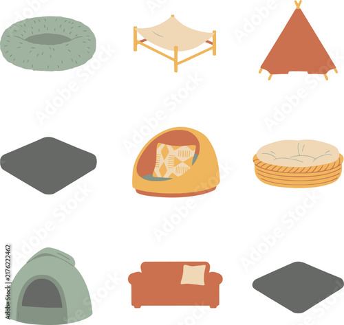 Collection of nine flat pet beds and shelters in muted colors dog bed