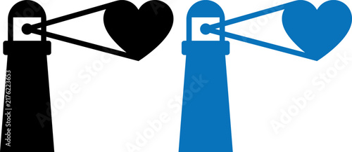 Vector illustration of Minimalist lighthouse heart logo, nautical beacon with love light beam, blue and black maritime icons, set of 2 vector symbols isolated on Transparent Background