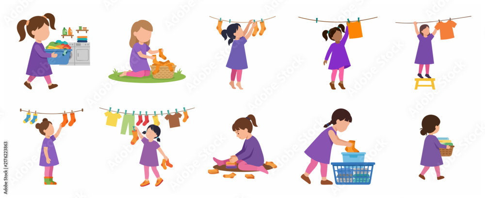 Fototapeta premium Set of cute little girls doing laundry chores, hanging clothes, folding socks, and carrying baskets in flat vector illustration style