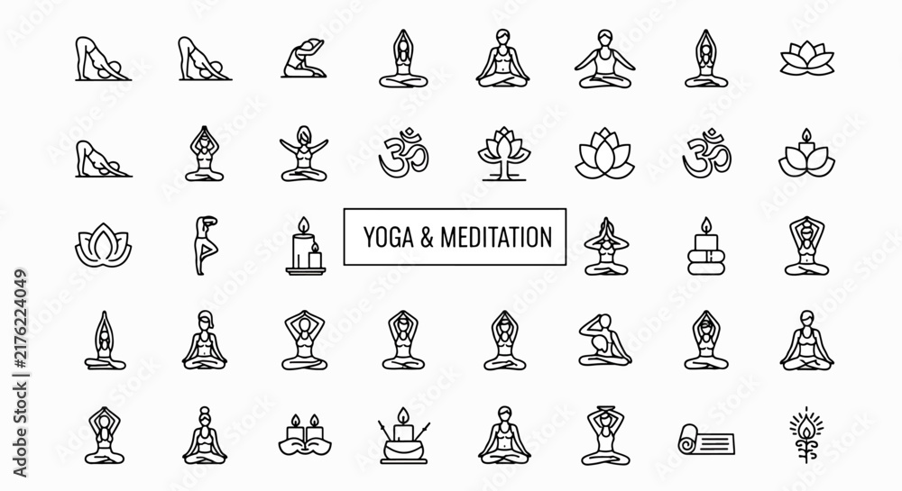 Obraz premium Yoga and meditation icons set, various poses and symbols for wellness and mindfulness, vector illustration