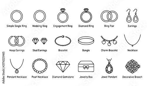 Jewelry rings earrings necklace thin line editable vector icon collection