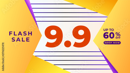 Illustration Abstract Promo Banner 9.9 Flash Sale Background with Geometric Shapes Vibrant Blue Orange Purple Gradient Color Design Vector. Good for Seasonal Marketing, Online Shopping, Social Media