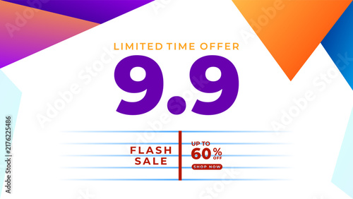 Illustration Abstract Promo Banner 9.9 Flash Sale Background with Geometric Shapes Vibrant Blue Orange Purple Gradient Color Design Vector. Good for Seasonal Marketing, Online Shopping, Social Media