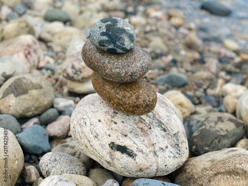 Fotografía Balanced Zen Rock Cairn of Smooth River Pebbles at Jaflong