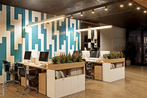 Modern Luxury Office Interior Design with Open Workspace and Geometric Accent WalL