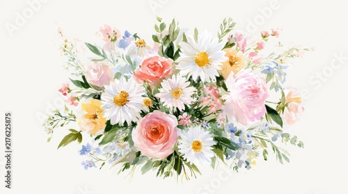 Delicate summer garden blooms in watercolor with light washes