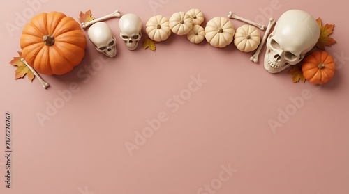 Halloween background with skulls pumpkins bones arranged along the top border on a pink surface halloween decoration pumpkin border human skull halloween flatlay spooky season fall harvest