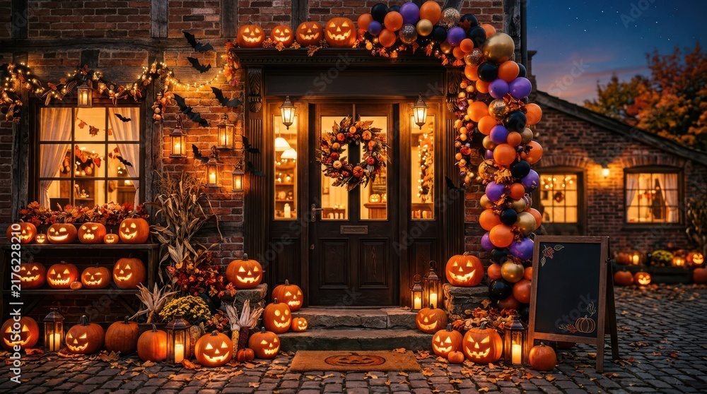 Fototapeta premium House porch decorated with many glowing jack o lanterns for Halloween