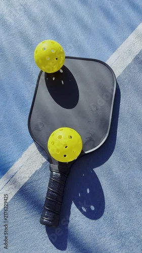 Pickleball paddle and yellow balls on a blue court