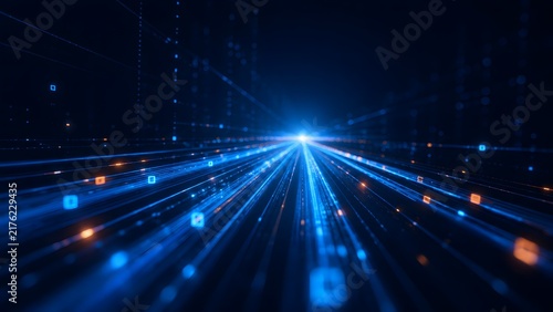 High speed digital data highway with blue glowing lines and particles representing fast internet connection and cyberspace information flow