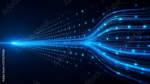 High Speed Binary Code Streaming Through Blue Fiber Optic Cables In Digital Cyberspace