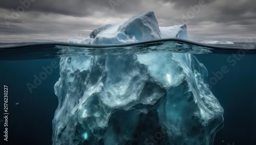 Massive Iceberg Floating in Cold Ocean Water with Visible Underwater Section and Cloudy Sky.