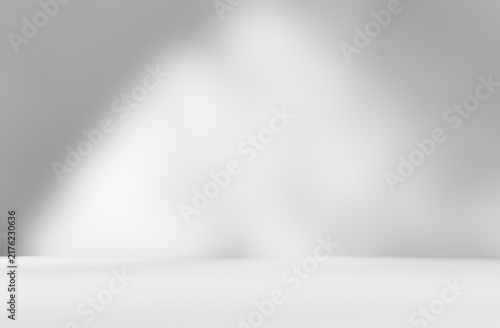 Empty gray room studio with shadow on wall and floor for product presentation. Sunlight and shadow concept. Minimal summer backdrop design. Cosmetic, beauty and fashion showroom mock up.