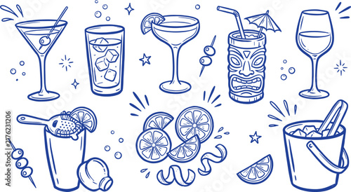 Hand drawn cocktail and bar drinks doodles vector set featuring tiki mug and citrus isolated