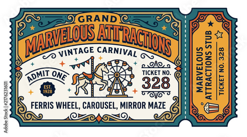 Vintage Carnival Ticket: Grand Marvelous Attractions, Ferris Wheel, Carousel