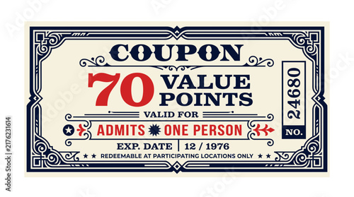 Vintage Coupon for 70 Value Points, Admitting One Person