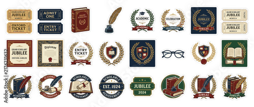 Vintage Education & Awards Icons Collection: Books, Tickets, Badges, Glasses