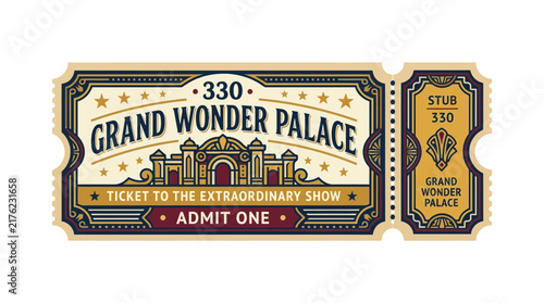 Vintage Grand Wonder Palace Ticket, Admit One, Isolated Cutout