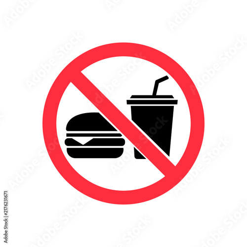Prohibited food and drink sign featuring a bold red circle with a diagonal slash crossing over black burger cup silhouettes