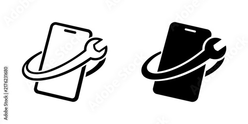 Mobile phone repair service icons featuring black smartphone silhouettes combined with stylized wrench symbols for technical support or maintenance concepts