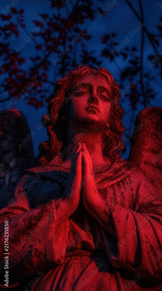 Fototapeta premium Ethereal angel statue in red light, serene and mystical mobile wallpaper.