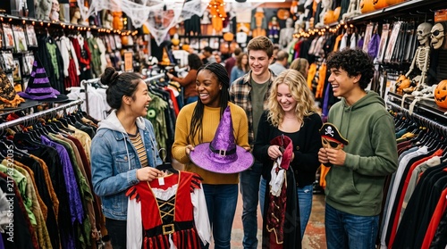 Group of young friends shopping for Halloween costumes in a store  