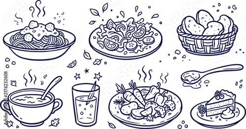Hand drawn lunch and dinner doodles vector set featuring pasta salad and soup isolated