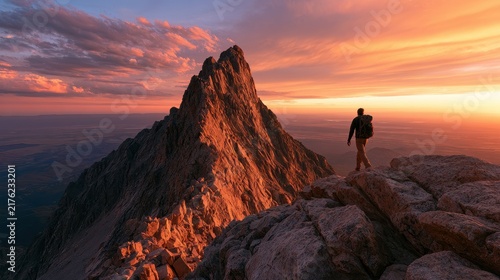 Dramatic ascent on a rocky peak with a determined hiker at sunset