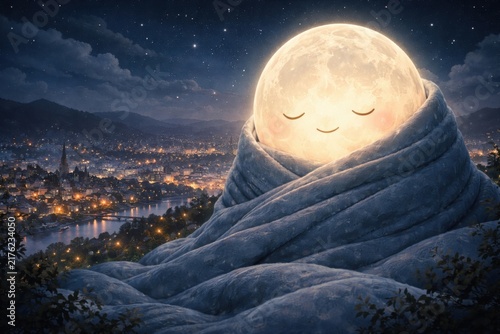 Cute smiling full moon wrapped in cozy blanket above peaceful night city under starry sky illustration