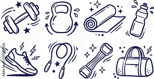 Hand drawn fitness and gym doodles vector set featuring dumbbell kettlebell and training equipment isolated