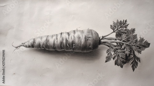 Detailed graphite drawing of a whole carrot with leafy top on textured paper background