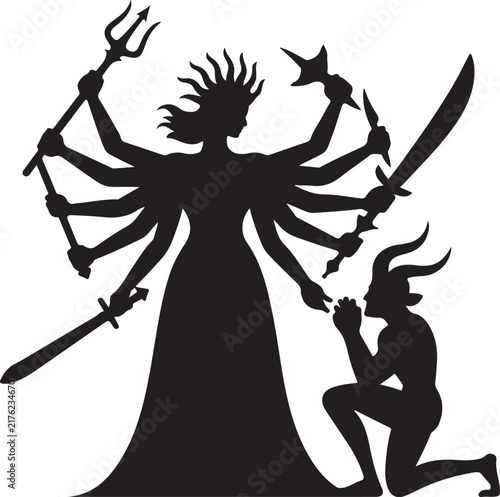 Silhouette of a multiarmed goddess standing with a kneeling horned figure on white background