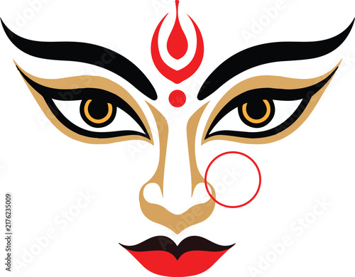 Stylized vector illustration of goddess Durga face with traditional makeup and elegant art