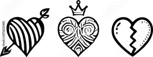 Hand Drawn Heart Icons with Arrow Crown and Broken Heart Vector Set